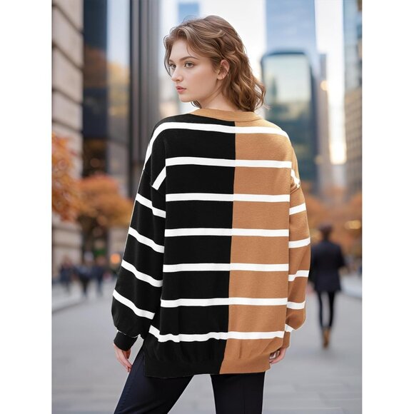 Striped  Oversized Casual Loose Long Sleeve Crew Neck  Cozy Sweaters for Women's - Picture 4 of 6